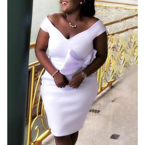 Women White Dress Bodycon V Neck Off Shoulder Party Wear Celebrate with Bowtie Sexy Sheath Femme Elastic Female African Fashion
