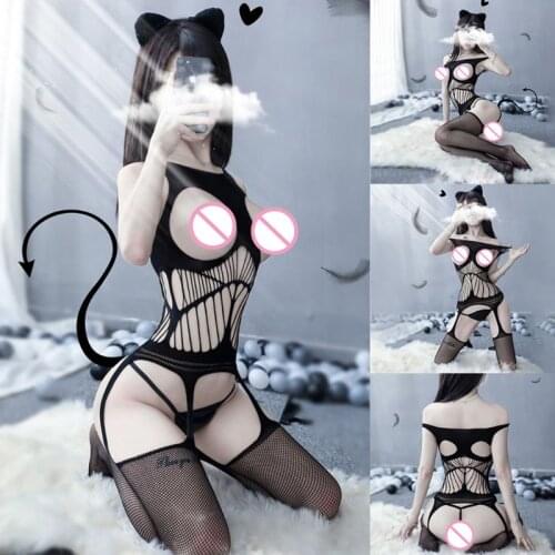 Women Erotic Off Shoulder Hollow Out Lingerie Bodysuit Fishnet Stockings Open Cup Crochetless Nightwear Bodystockings