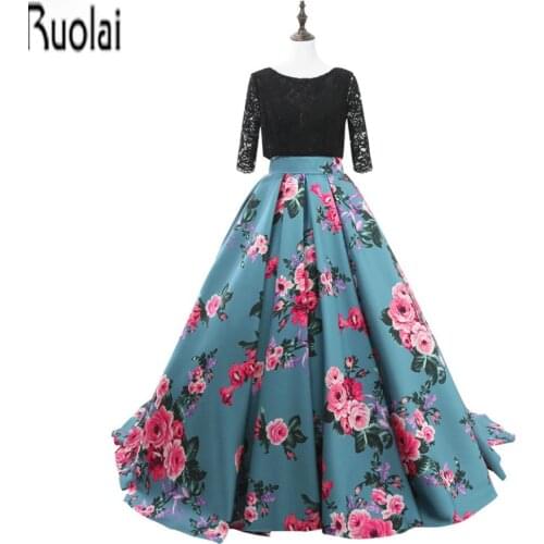 2017 In Stock New Arrival Beautiful Three Quarter Sleeves O-Neck Sleeveless Ball Gown Printed Satin Prom Dresses Open Back