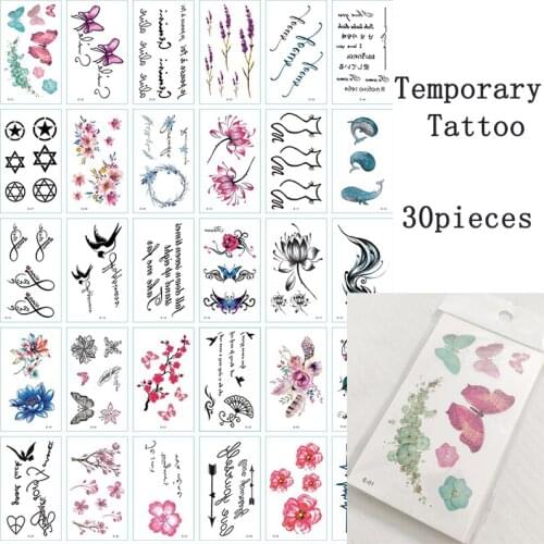 30pcs Temporary Tatoo Sticker Butterfly Line Letter Waterproof Fake Tattoo Higan Flower Bird Design Body Art Tattoos Man Woman