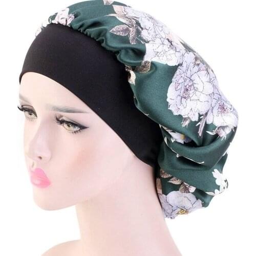 58cm Floral Print Silky Headwrap Satin Bonnets Hair Caps Women Wide Elastic Band Lady Hair Cover Hat Jewelry Night Sleeping Cap