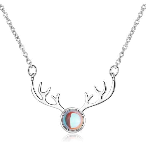 9119 925 Sterling Silver Christmas ELK Deer Animal Moonstone Ladies Pendant Necklace Jewelry For Women Short Chains