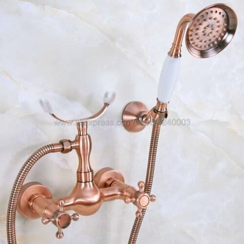 Antique Red Copper Wall Mount Telephone Bath Shower Faucet Mixer Tap w/ Handheld Spray Shower Kna345