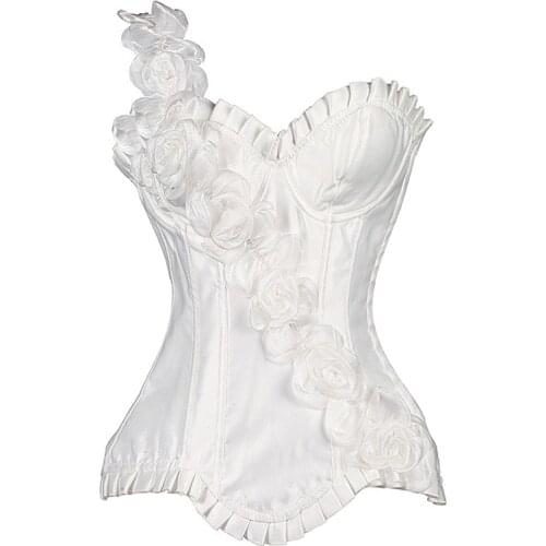 White New Corsets And Bustiers Women Steampunk Lace Polyester Spandex Flower Adorned Sexy Corselet Overbust one shoulder corset