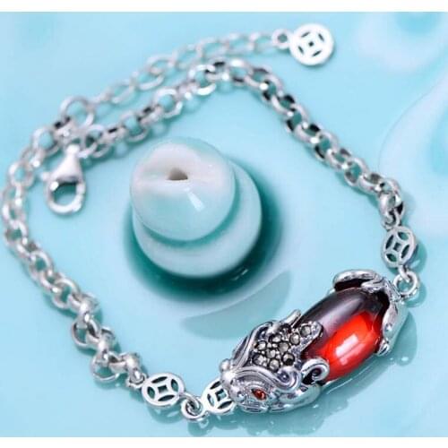 MeibaPJ Real S925 Sterling Silver National Style Inlaid Synthetic Garnet Womens Bracelet Exquisite Party Jewelry