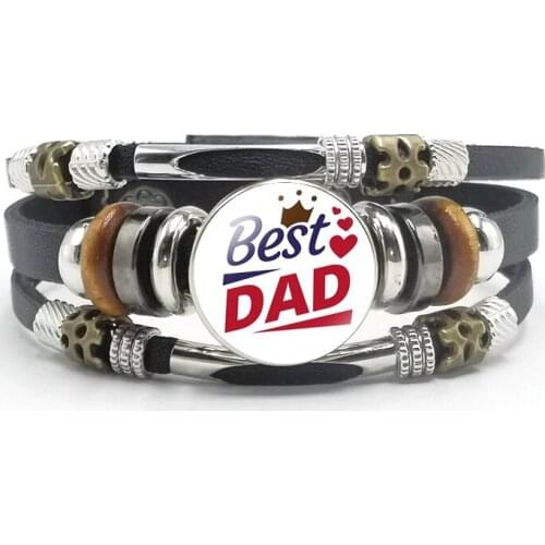 Fashion Super Papa Glass Cabochon Snap Button Black Leather Braided Bracelet Father Jewelry Gift Bracelet