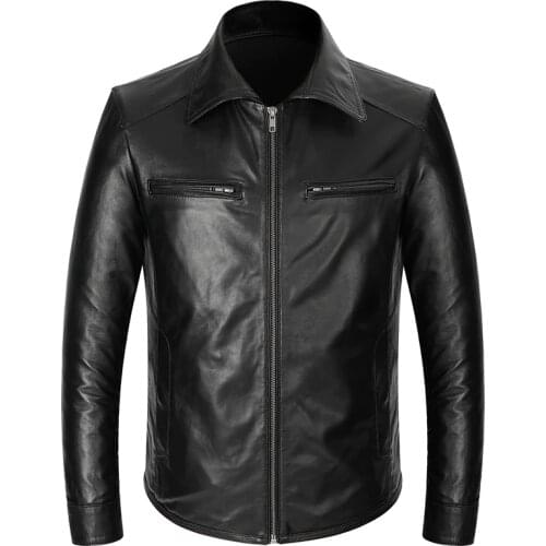 Genuine Mens Jacket Real Leather Sheepskin Slim Fit Brakeman Coat Swallowtail Zipper Turn-down Collar S-4XL