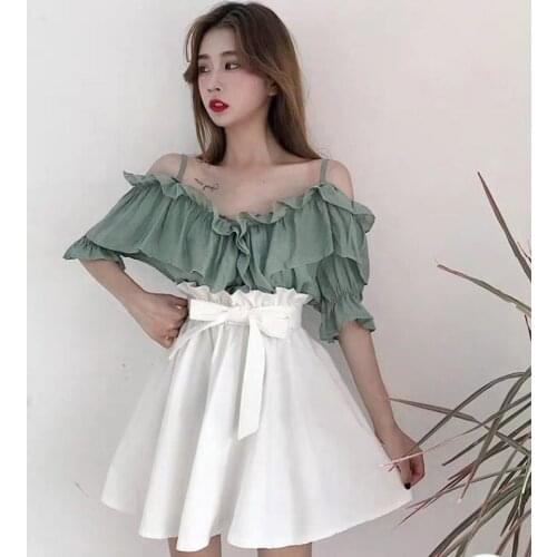 Pure Color Ruffles off-the-Shoulder Top High Waist with Straps Bud Skirt Suit