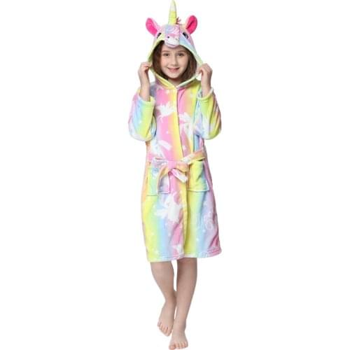 Unicorn Kigurumi Pajama Bathrobe Winter Flannel Warm Soft Nightgown Bath Robe Girls Comfortable Animal Hooded for Children