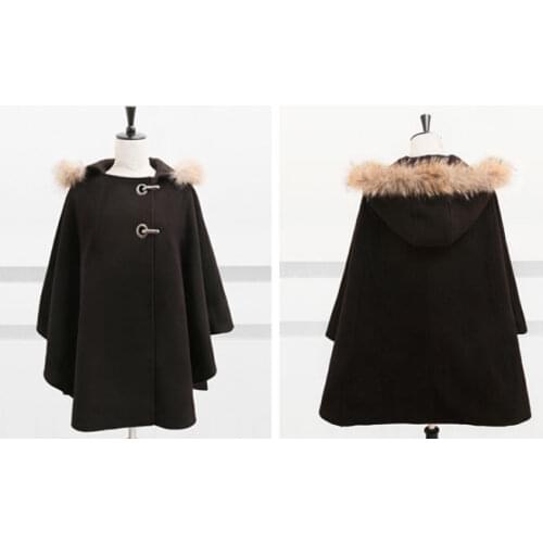 Sale! women fashion black capes fur collar sweet Korean woolen coats