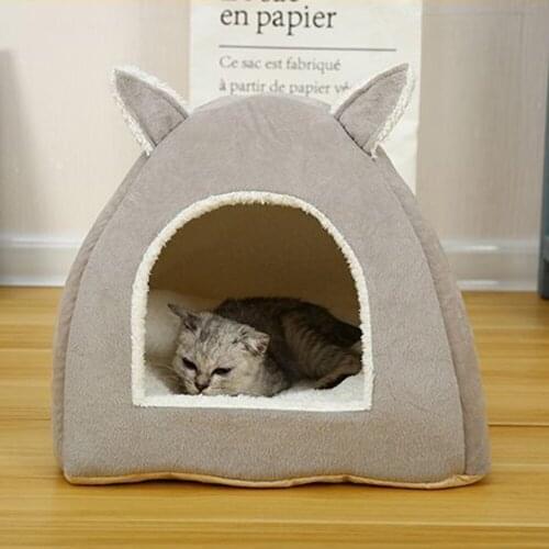 Removable Cat Bed Self Warming for Indoor Cats Foldable Dog House with Mattress Puppy Cage Lounger Grey Pink