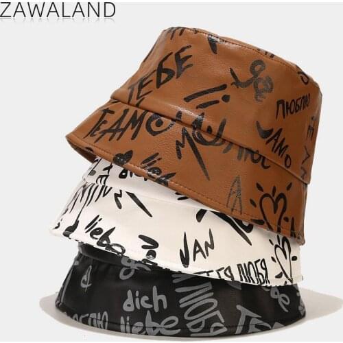 Zawaland Adult PU Letter Bucket Hats Fashion Hip Hop Basin Caps Outdoor Casual Decoration Hats Summer Autumn Flat Casual Cap