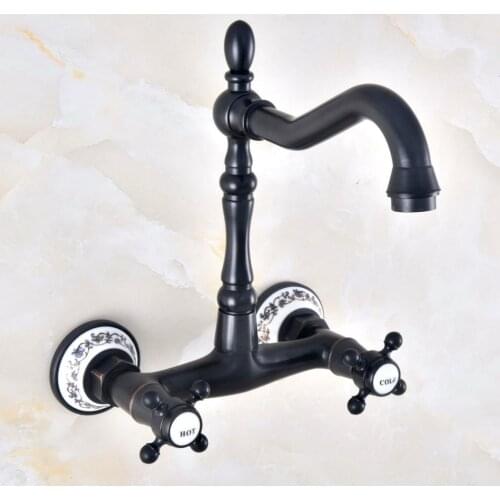 Bathroom Basin Faucet Black Bronze Double Handle Sink Water Mixer Tap Cold And Hot Wall Mounted Knf462