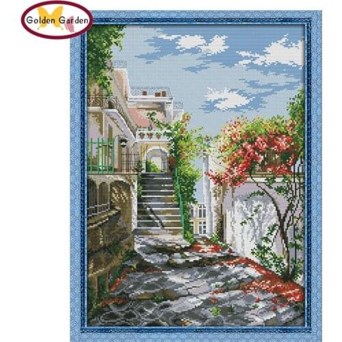 NKF Garden Villa Stamped Cross Stitch DIY Kits Needlework Embroidery Set Chinese Cross Stitch for Home Decor