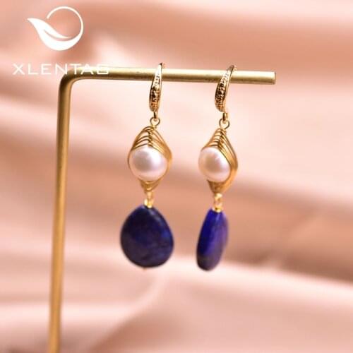 XlentAg Natural Lapis Lazuli Pendant Pearl Earrings Boho Aesthetic Stone Earings Hook Accessories Women Romantic Jewelry GE0922