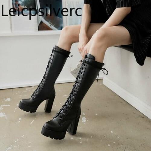 Womens Boots The New Autumn And Winter fashion Round head Lace-up High heel High tube Womens shoes plus size 34-43 11cm high
