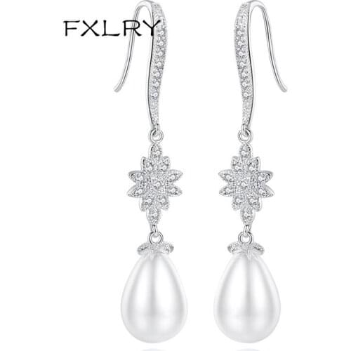 FXLRY New Design Elegant White Color Cubic Zircon Water Drops Simulated Pearl Long Earrings For Women Fashion Jewelry Accessori