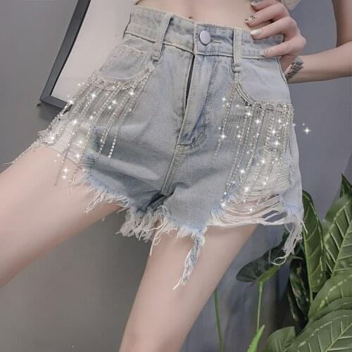 Hot Shorts for Ladies 2020 New Heavy Diamond Tassel Jeans Women slim Light color denim shorts female Pantalones cortos womans