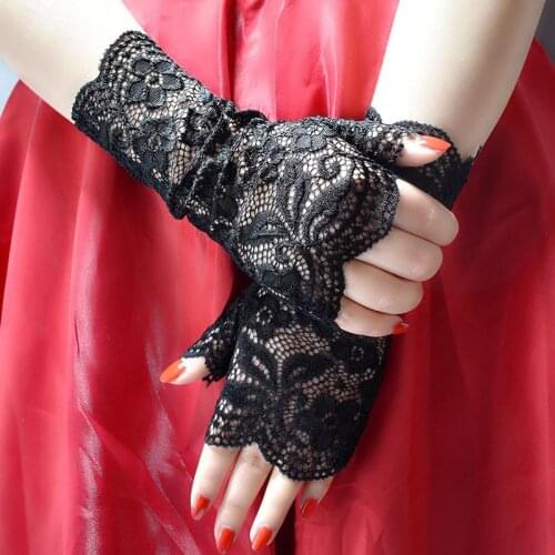 Women Summer Thin Elastic Mesh Transparent Hollow-Out Cycling Sunscree Gloves Sexy Lace Jacquard Anti-UV Driving Glove ST383