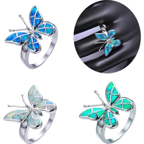 Cute Butterfly Animal Design Ring Fashion Imitation Fire Opal Ring For Women Jewelry Accessories Bohemian Vintage Gift