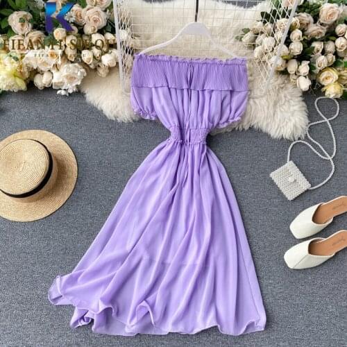 2020 Summer Women Chiffon Dress Sexy Off shoulder Short sleeve Slash neck Mid Long Dress Lady Fashion Ruffles Slim Party Dress
