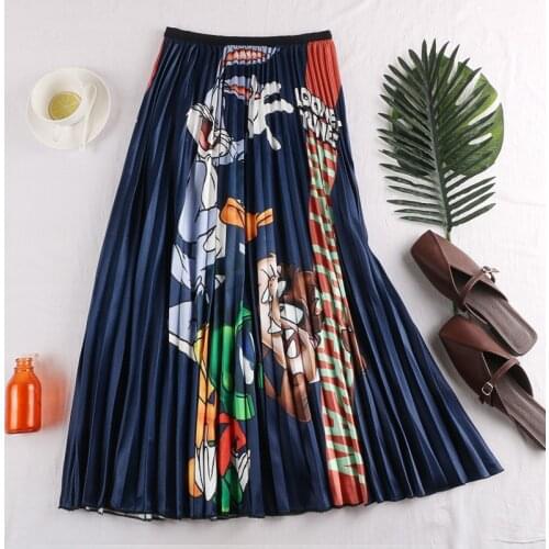 QUALITY 2020 Harajuku Fashion Cartoon Print Women Summer Pleated Long Skirt High Waist Women A-Line Midi Skirt Saias Femme