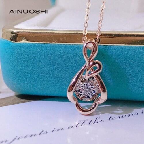 AINUOSHI 18K Gold Round Cut 0.055ct Real Diamond Streamer Dancing Pendant Necklace Vintage Valentines Day Women Jewelry 18