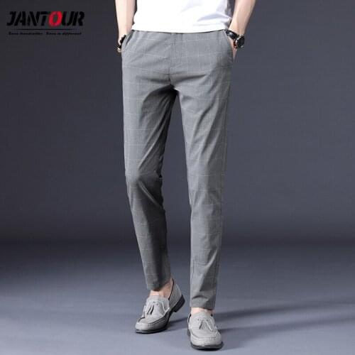 Brand 2021 New summer Mens Pants Straight thin Casual Trousers Large Size Fashion Mens Business Suit Pants plaid Black Grey