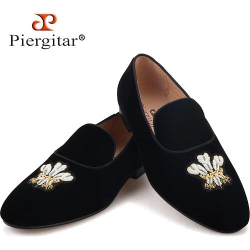 Piergitar black velvet slippers with multicolor bullion embroidered crest handcrafted men classic loafers for wedding and party