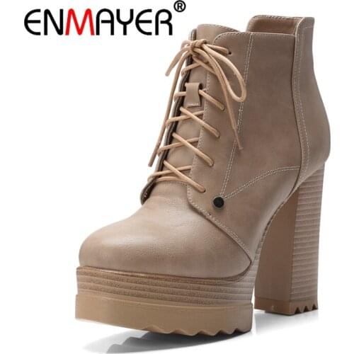 ENMAYER Woman Ankle Boots Supper High Heels Winter Boots Plus Size 32-42 Motorcycle Boots Round Toe Lace Up Cross-tied CR1387