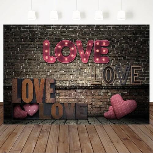 Black Brick Wall Photography Backdrops for Valentine Art Photo Background Pink Love Heart Lights Backgrounds for Photo Studio