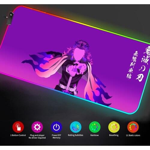 Rgb Gaming Mouse Pad Demon Slayer Setup Gamer Accessories Purple Setup Gaming Keyboard Anime Mousepad with Backlight Mat Led Xxl