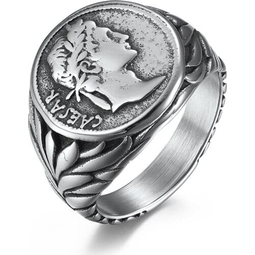 Vintage Silver Color Punk Style Retro Men Emperor Caesar of The Roman Empire Biker 316L Stainless Steel Rings Lr1373