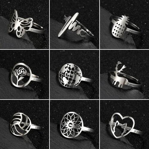 Punk Unisex Jewelry Ring Vintage Silver Color Geometric Rings for Women Cute Butterfly Volleyball Heartbeat Midi Ring Accessory