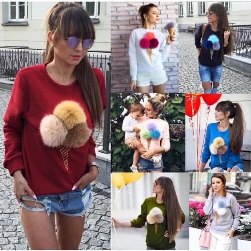 Kawaii Womens Sweatershirt Autumn Winter Lovely Women 3D Dimensional Ice Cream Colorful Cherries Fur Ball