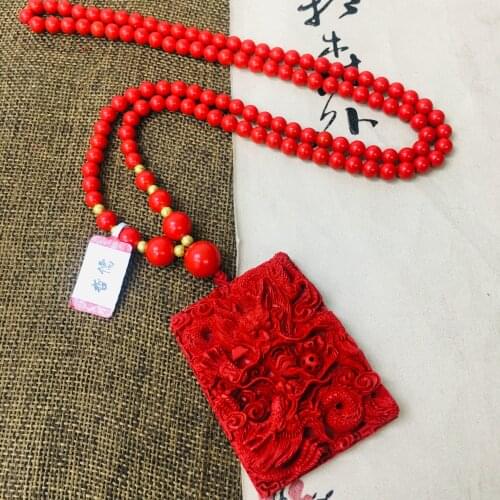 Zheru natural cinnabar carved red large flying dragon pendant with cinnabar bead necklace men and women sweater chain