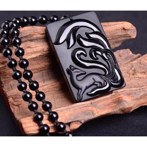 Natural Obsidian nine tail fox Zhaocai Pendant Jewelry Gif Attract the opposite sex
