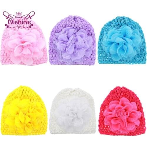 Nishine 15*14 CM Handmade Net Yarn Flower Girls Caps Solid Color Knitted Elastic Hats Toddler Hollowed Bonnet Clothing Accessory