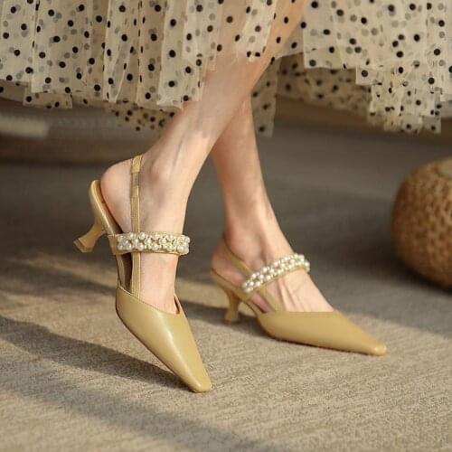 2021 spring and summer new shallow mouth pearl high heels womens wind toe sandals womens square toe stilettos