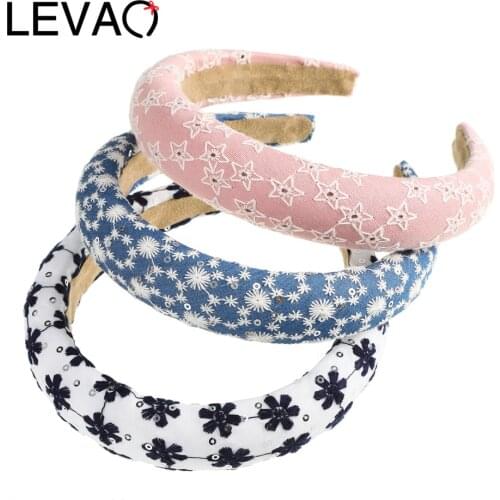LEVAO Winter Festival Padded Headbands For Women Flowers Star Embroidered Bezel Hairbands Hair Hoop Girls Sponge Accessories
