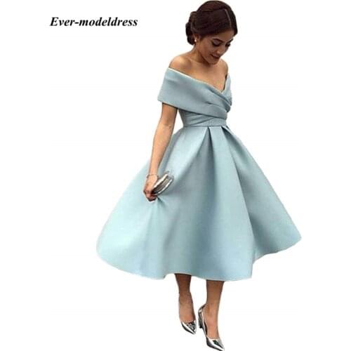 Off Shoulder Tea Length Country Bridesmaid Dresses Open Back Pleats A Line Satin Short Prom Party Gowns vestido de festa longo