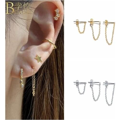 BOAKO 1 Set 925 Sterling Silver Piercing Earrings For Women Pendientes Plata 925 Ohrringe Chain Stud Earings Luxury Fine Jewelry