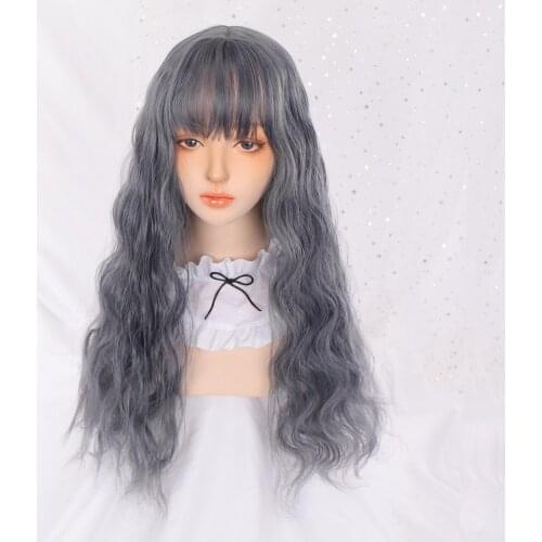 AILIADE Synthetic Blue Long Lolita Wigs With Bangs Wave Cosplay Wigs for Woman High Temperature Fiber Wigs