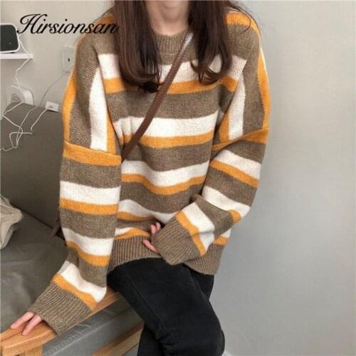 Hirsionsan Sweater Women Thicken Stripe Soft Winter Pullover Oversized Knitting Tops O-Neck Long Sleeve Patchwork Warm Jumper