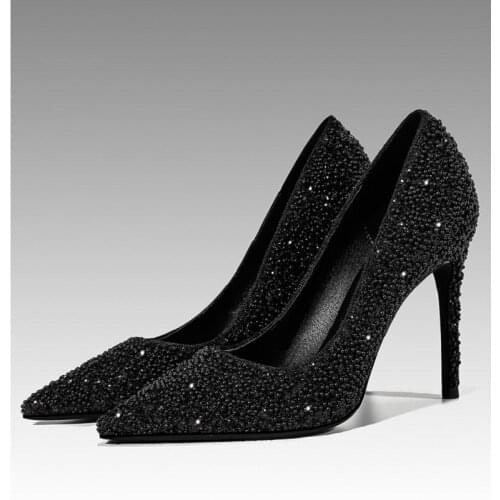 Spring sequined pearl stiletto high-heeled large size small size bridal wedding shoes low-heeled party dress womens single shoe