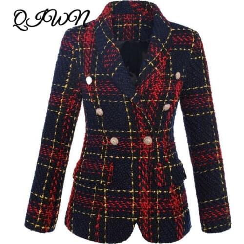 Vintage Brand Clothing Luxury Women Cardigans 2020 Autumn Winter Lion Buckle Double-breasted Line Plaid Tweed Slim Coat