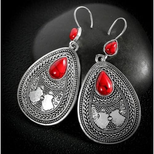 Milangirl Vintage Ladies Antique Silver Color Oval Shaped Inlaid Red Turquoise Female Metal Dangle Earrings for Party Jewelry