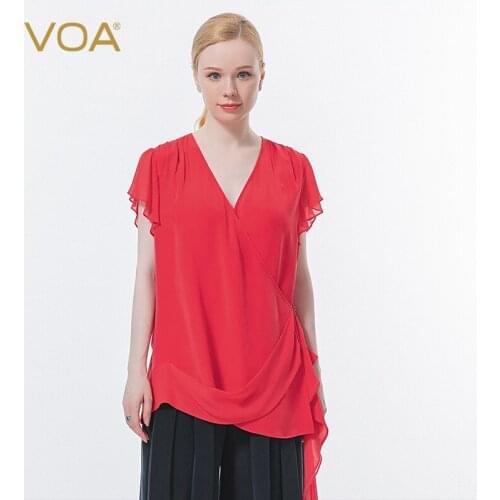 VOA Silk Dream Red V-neck Short Sleeve Asymmetric One Button Georgette Stitching Refreshing Elegant Party Woman Tshirts BE669