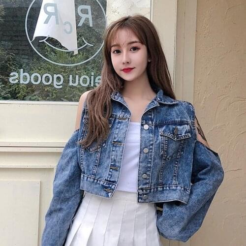 Jeans Jacket Women 2020 Korean Crop Denim Jacket Oversize Women Vintage Long Sleeve Off Shoulder Coat Blue Bomber Jacket AA5361