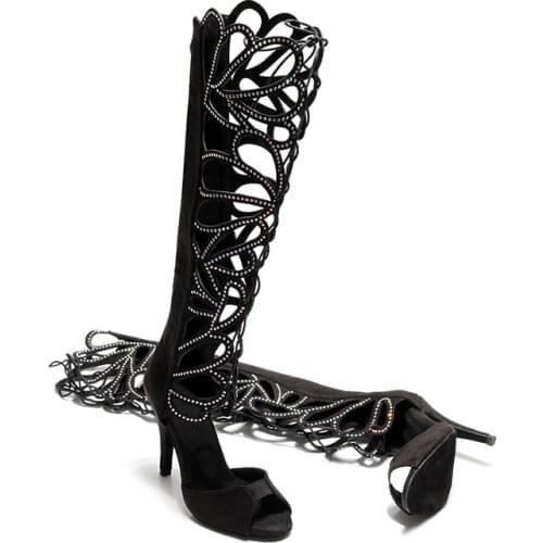 Women Summer Dance Shoes Black Rhineston Dance Boots for Girls Soft Sole Bachata Salsa Dancing Sheos for Wedding Party Sandals